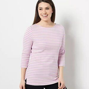 Isaac Mizrahi Live! Top Medium Essential Yarn Dye Stripe 3/4 Sleeve Purple Lilac